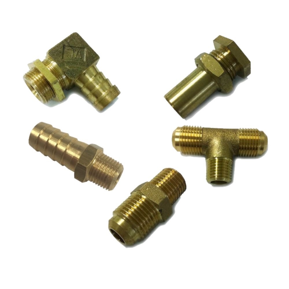 A picture of some brass fittings in various sizes and shapes