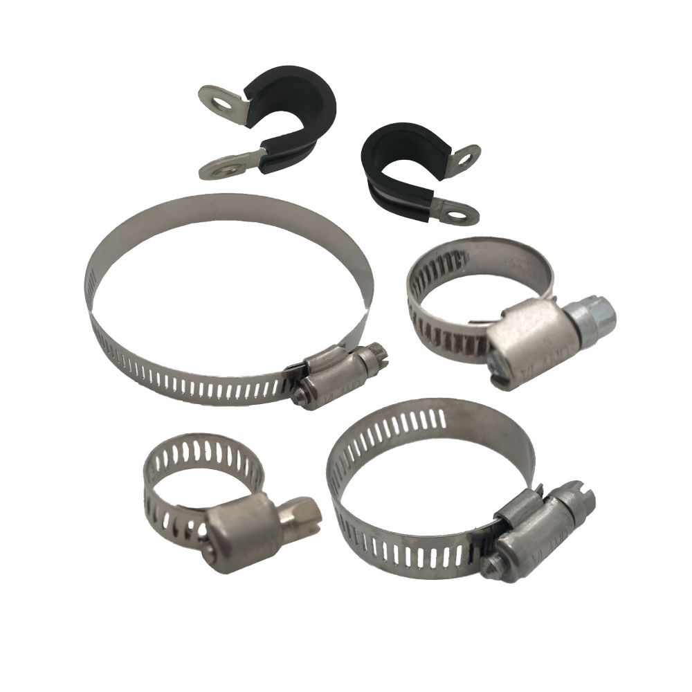 A picture of hose clamps of various sizes and two sizes of rubber line saddles