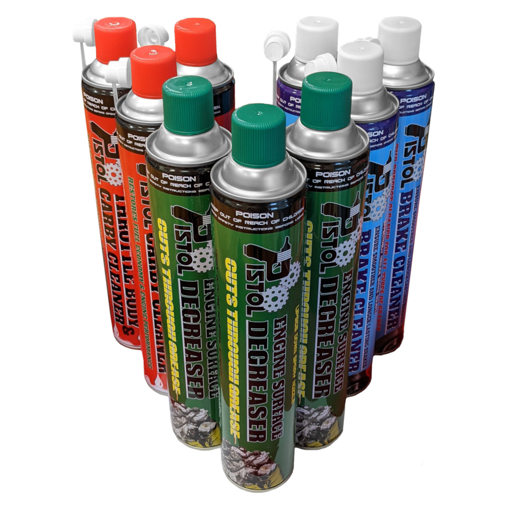 A picture of three sets of Red, Green and Blue-Coloured Pistol Aerosol Cans